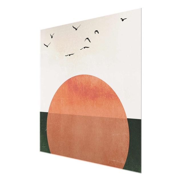 Wandbilder Kunstdrucke Vogelschwarm vor aufgehender Sonne
