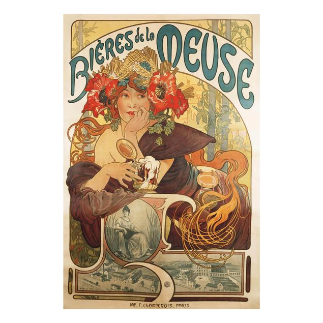 Glasbild mit Spruch Alfons Mucha - Plakat für La Meuse Bier