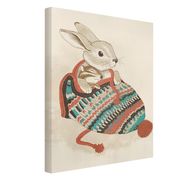 Wandbilder Kunstdrucke Illustration Kuschelnder Hase in Mütze