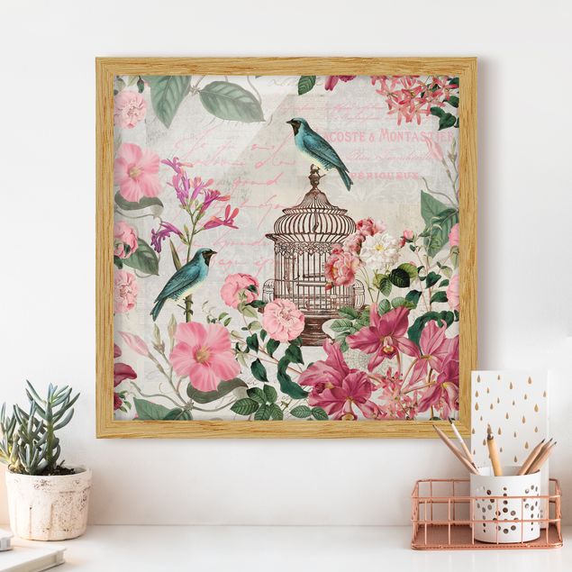 Küche Dekoration Shabby Chic Collage - Rosa Blüten und blaue Vögel