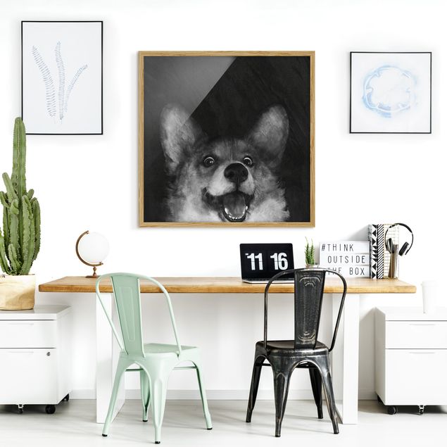 schwarz-weiß Bilder gerahmt Illustration Hund Corgi Malerei Schwarz Weiß