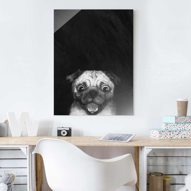Küchen Deko Illustration Hund Mops Malerei auf Schwarz Weiß
