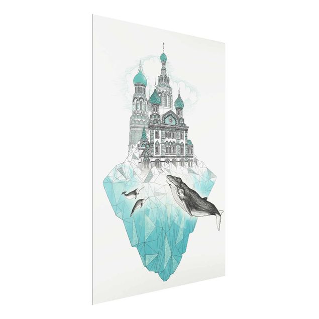 Glasbilder Schwarz-Weiß Illustration Kirche mit Kuppeln und Wal