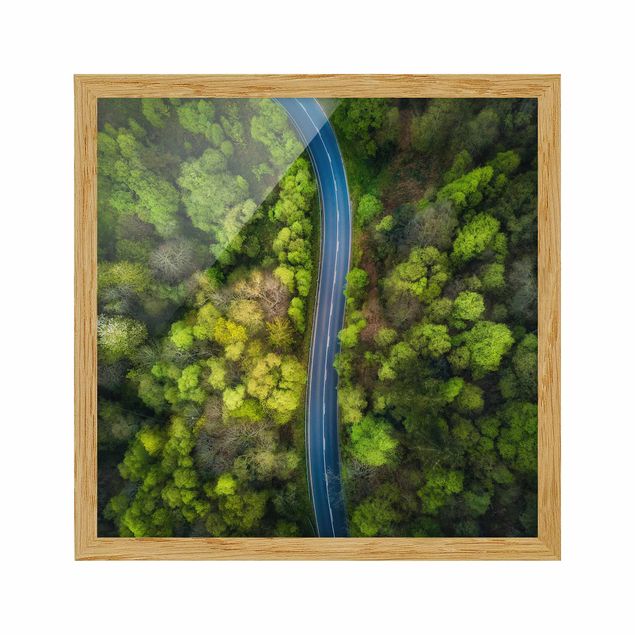 Landschaftsbilder mit Rahmen Luftbild - Asphaltstraße im Wald