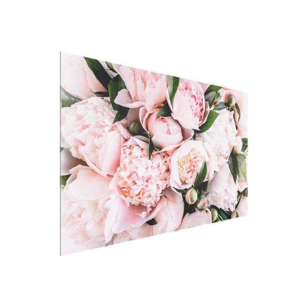 Glasbilder Blumen Motive Rosa Pfingstrosen mit Blättern