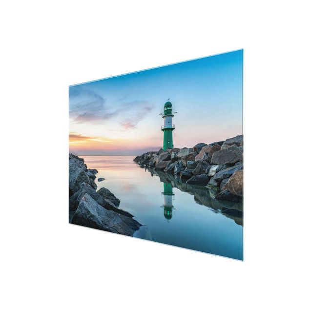 Glasbilder Strand Sunset at the Lighthouse