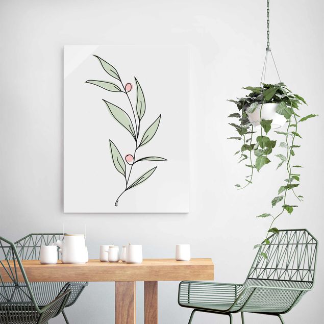 Glasbilder Blumen Zweig mit Beeren Line Art