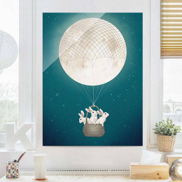 Glas Wandbilder Illustration Hasen Mond-Heißluftballon Sternenhimmel