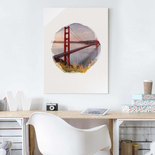 Glasbilder Städte Wasserfarben - Golden Gate Bridge in San Francisco