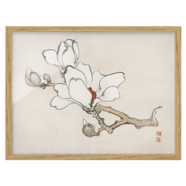 Wandbilder Blumen Asiatische Vintage Zeichnung Weiße Magnolie