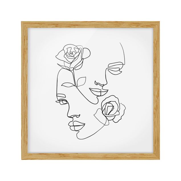 gerahmte Blumenbilder Line Art Gesichter Frauen Rosen Schwarz Weiß