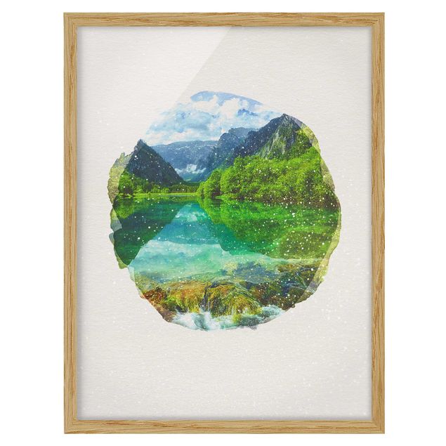 Landschaftsbilder mit Rahmen Wasserfarben - Bergsee mit Spiegelung