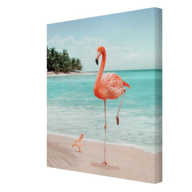 Leinwand Blumen Strand mit Flamingo