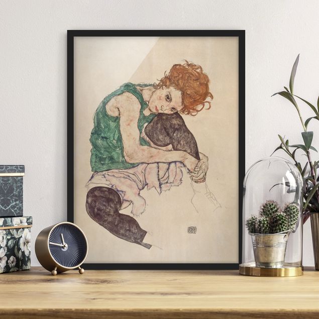 expressionistische Kunstdrucke Egon Schiele - Sitzende Frau mit hochgezogenem Knie
