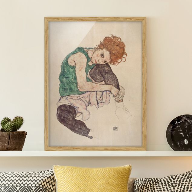 expressionistische Kunstdrucke Egon Schiele - Sitzende Frau mit hochgezogenem Knie