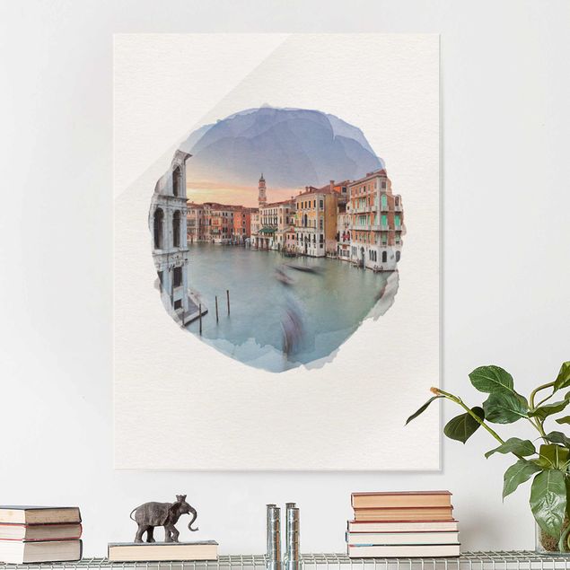 Glas Wandbilder Wasserfarben - Canale Grande Blick von der Rialtobrücke Venedig