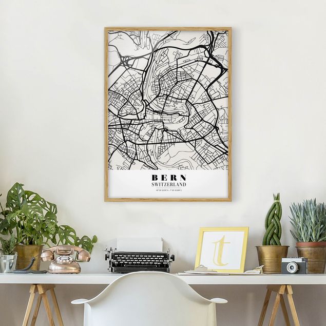 schwarz-weiß Bilder mit Rahmen Stadtplan Bern - Klassik
