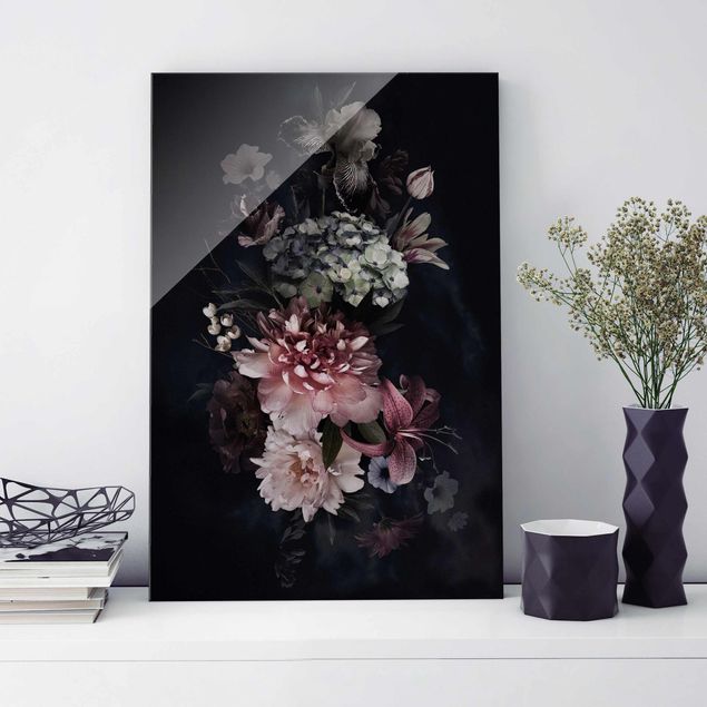 Glas Wandbilder Blumen mit Nebel auf Schwarz