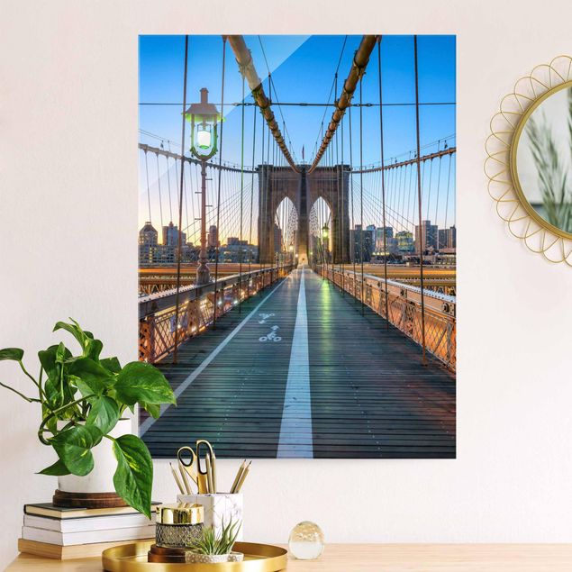 Glasbilder New York Morgenblick von der Brooklyn Bridge