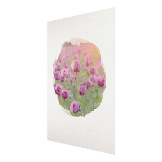 Wandbilder Floral Wasserfarben - Violette Schlafmohn Blumenwiese im Frühling