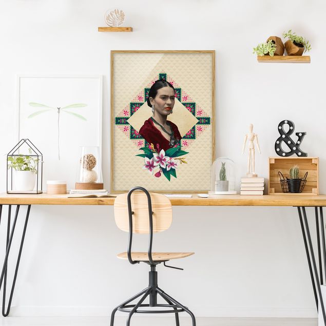 Wandbilder Portrait Frida Kahlo - Blumen und Geometrie