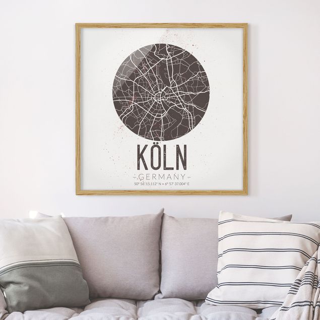 schwarz-weiß Bilder mit Rahmen Stadtplan Köln - Retro