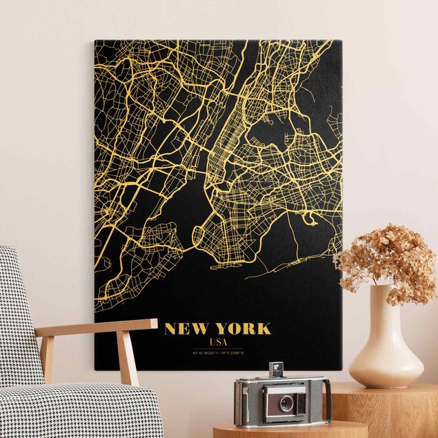 schwarz-weiß Bilder auf Leinwand Stadtplan New York - Klassik Schwarz