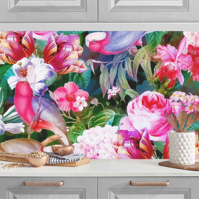 Küchenrückwände Blumen Bunte Tropische Blumen mit Vögeln Pink II