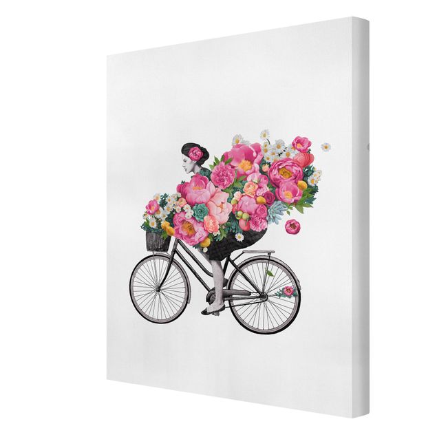 Wandbilder Rosa Illustration Frau auf Fahrrad Collage bunte Blumen