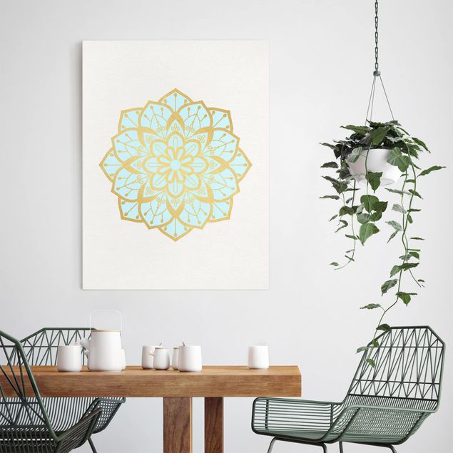 Leinwandbilder Muster Mandala Illustration Blüte hellblau gold