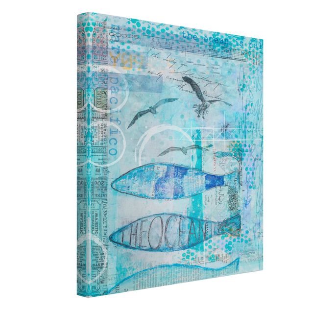 Leinwandbild Vögel Bunte Collage - Blaue Fische