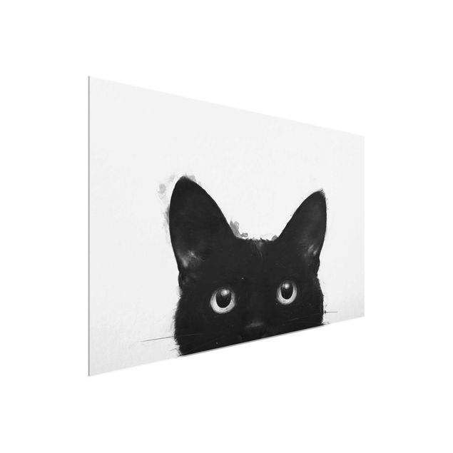 schwarz weiß Glasbilder Illustration Schwarze Katze auf Weiß Malerei