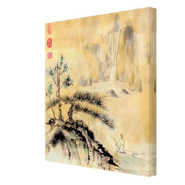 Wandbilder Landschaften Japanische Aquarell Zeichnung Zedern und Berge