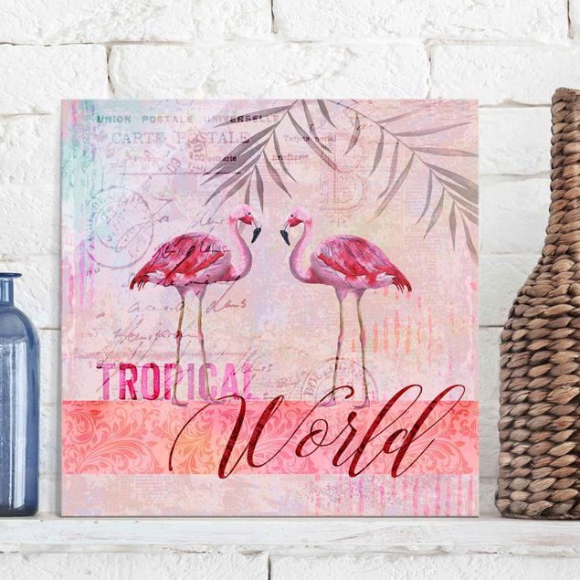 Wanddeko Küche Vintage Collage - Tropical World Flamingos