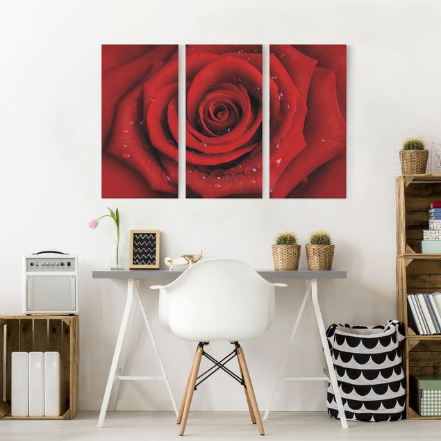 Leinwandbild Rose Rote Rose mit Wassertropfen