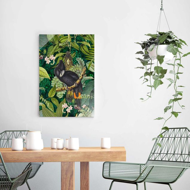 Glasbilder Blumen Motive Bunte Collage - Kakadus im Dschungel