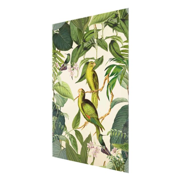 Wandbilder Grün Vintage Collage - Papageien im Dschungel