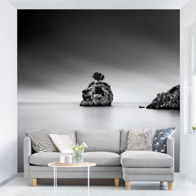 Küche Dekoration Felseninsel im Meer Schwarz-Weiß