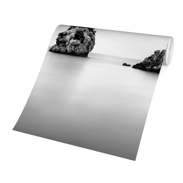 Tapete Schwarz-Weiß Felseninsel im Meer Schwarz-Weiß