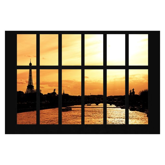 Fototapete kaufen Fenster Eiffelturm Paris Sonnenaufgang
