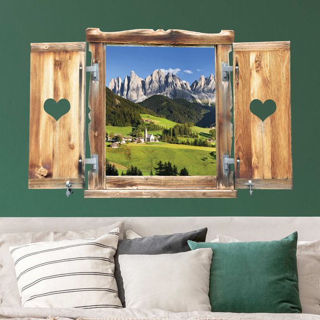 Wandtattoo 3D Fenster mit Herz Geislerspitzen in Südtirol