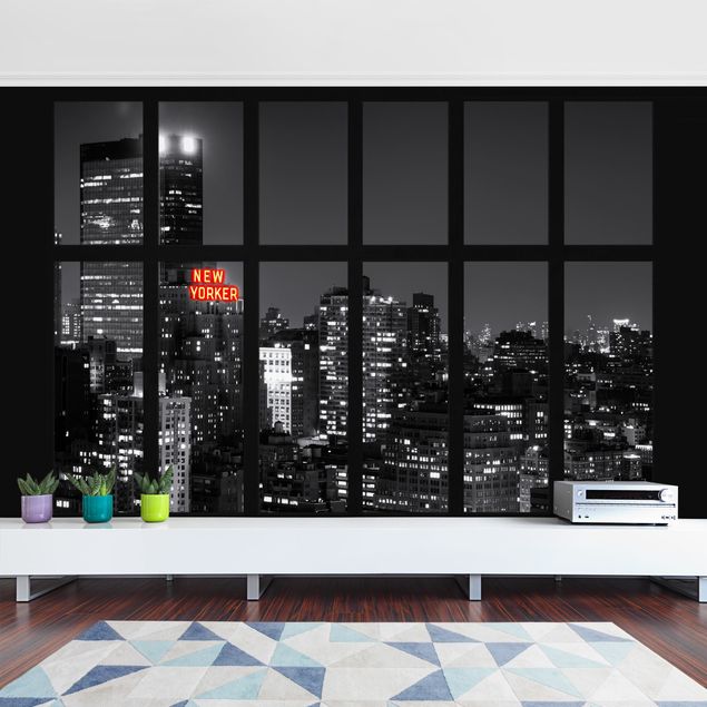Tapeten Modern Fenster New York Nacht Skyline