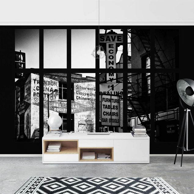 moderne Fototapete Fensterblick Amerikanische Gebäudefassade schwarz-weiss