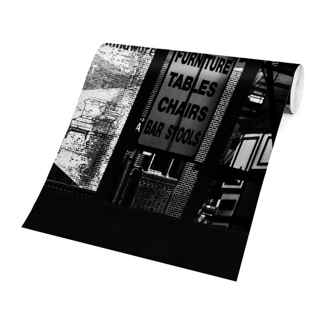 Foto Tapete Fensterblick Amerikanische Gebäudefassade schwarz-weiss
