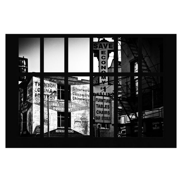 Fototapete - Fensterblick Amerikanische Gebäudefassade schwarz-weiss