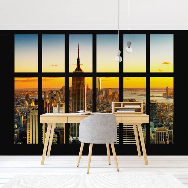 Fototapete 3D Fensterblick Manhattan Skyline Sonnenuntergang