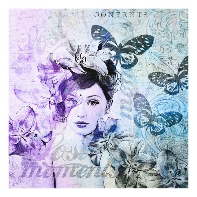 Wandbilder Portrait Shabby Chic Collage - Portrait mit Schmetterlingen