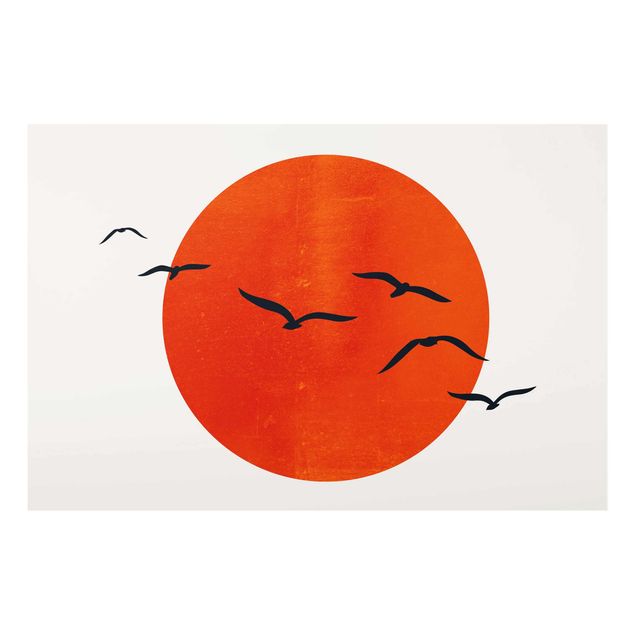Glasbilder Tiere Vogelschwarm vor roter Sonne I