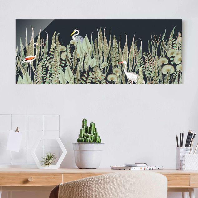 Wanddeko Küche Flamingo und Storch mit Pflanzen auf Grün