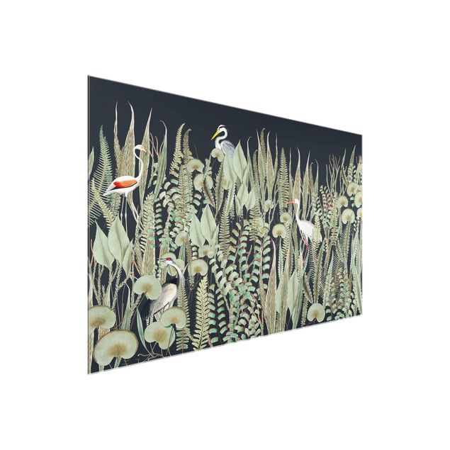 Wandbilder Blumen Flamingo und Storch mit Pflanzen auf Grün